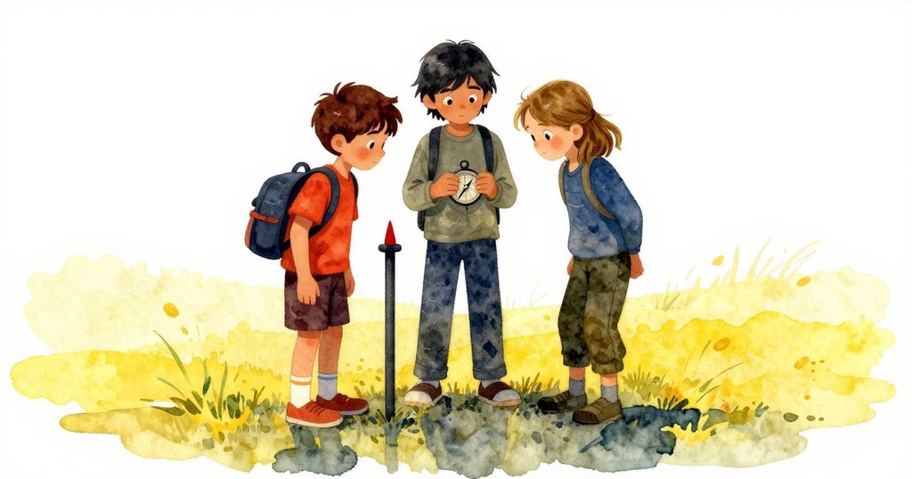 三位冒險者聚集於指示桿邊, 指南針穩定, 清晨陽光溫柔, 表情滿足且平靜, 冒險圓滿落幕