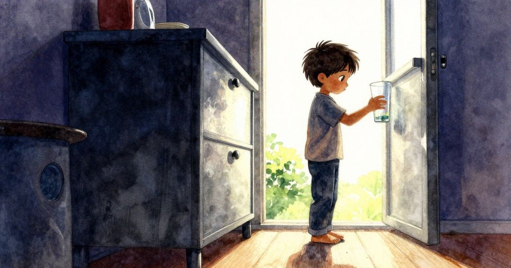 山姆在廚房裡靠近櫥櫃，用冰涼水珠觸碰玻璃，剪影在明亮背景中顯得專注且堅定。