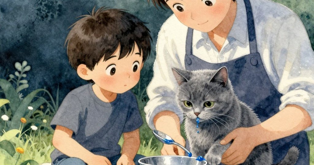 山姆專注地傾倒藍色染劑，眼神堅定，特寫捕捉到滴落在湯匙上的瞬間，溫暖光線照射檯面。