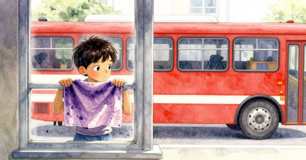 山姆透過窗戶凝視外面的巴士，濕毛巾上花朵與染劑痕跡顯現，情緒中帶著思索與好奇。