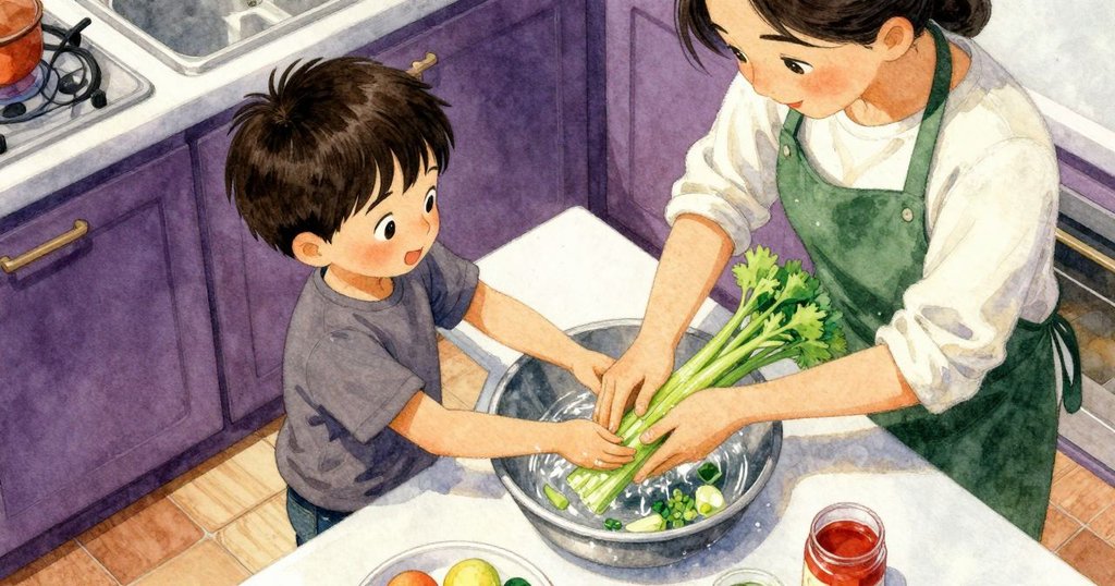 從上方視角看見廚房，家長在水槽洗芹菜，山姆在記錄測量數據，畫具散落呈現創作氣氛。