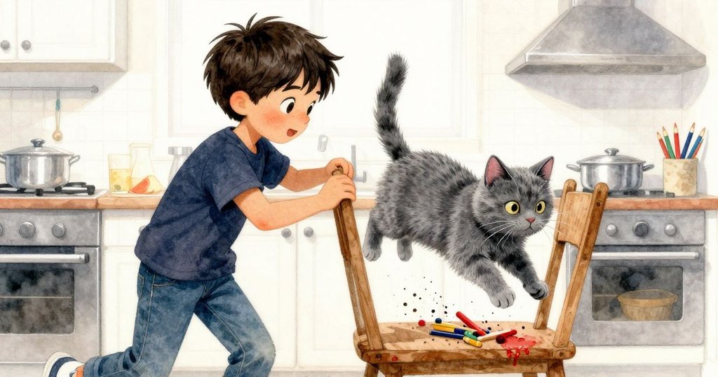灰色貓咪躍上椅子輕觸毛巾，引起鉛筆散落與藍色染劑飛濺，廚房中充滿活力與幽默氣氛。