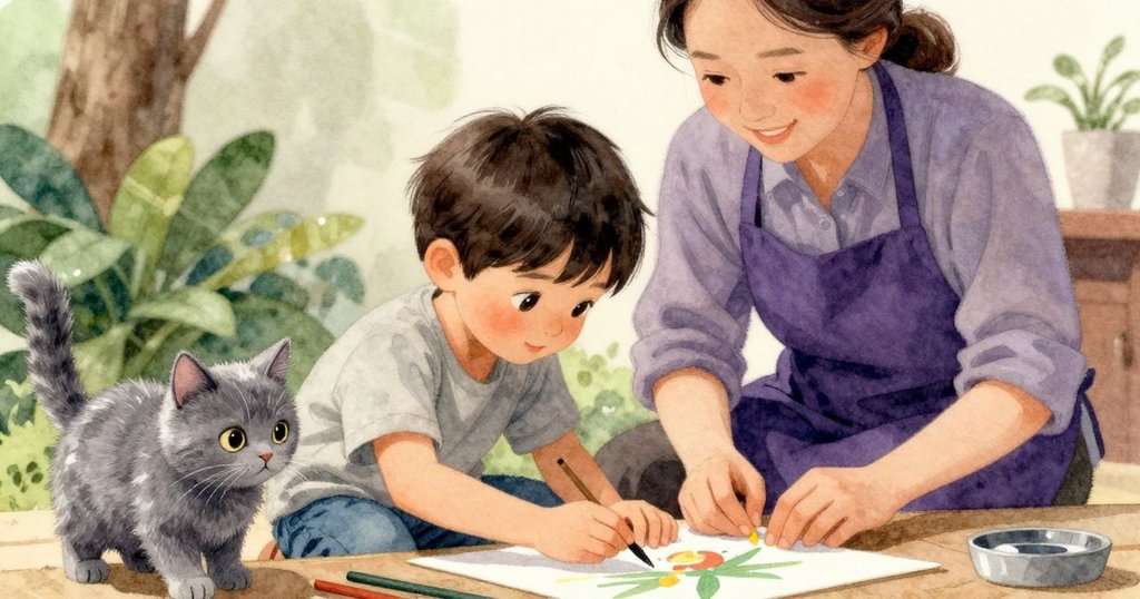 山姆輕放空玻璃杯並整理藝術作品，灰貓依偎身旁，家長微笑注視，廚房溫馨中流露接受與創新的情感。