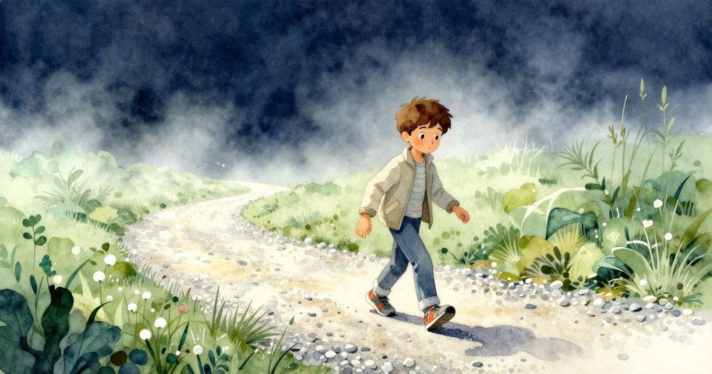 Vance踏上鋪滿碎石的走廊，晨霧中洋溢著柔和光線，他神情平靜展開冒險旅程