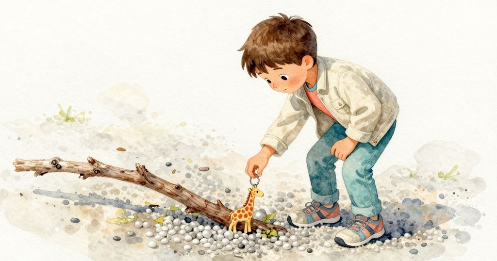 Vance於交叉路口俯身操作長頸鹿鑰匙扣，溫暖石塊與空曠背景映出他專注而堅定的神情