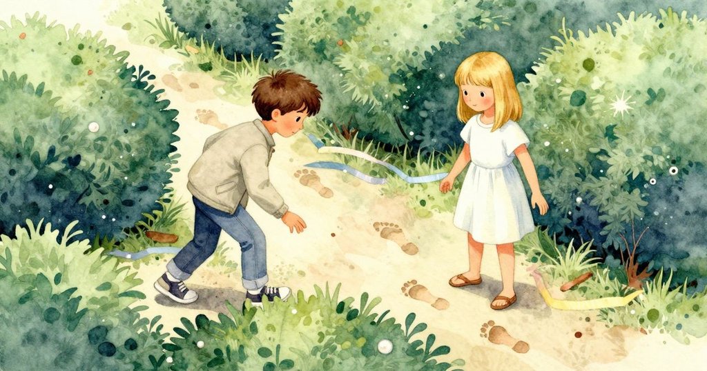 Vance與Pearl在分叉路口仔細觀察重疊足跡及褪色絲帶，弦外之音營造出神秘而富有詩意的氛圍