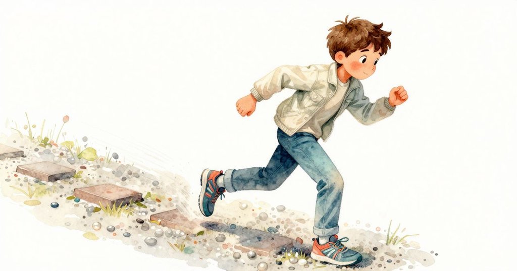 Vance在陽光中快速前行，腳步留下一縷動態軌跡，展現出他堅定而充滿動力的旅程