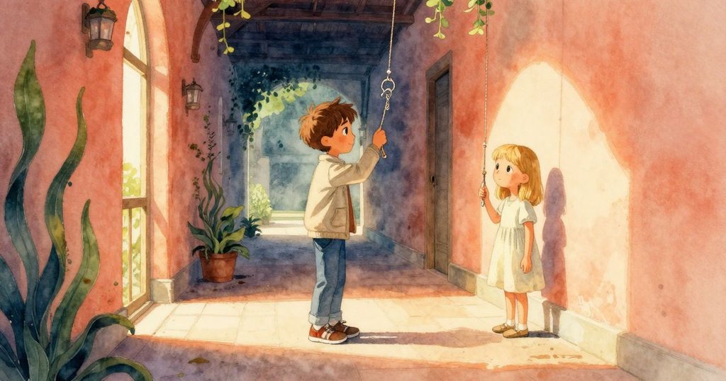 在溫暖琥珀光照下，Vance與Pearl在廣闊走廊中靜賞穩定搖晃的長頸鹿鑰匙扣，臉上流露出完成任務的欣慰