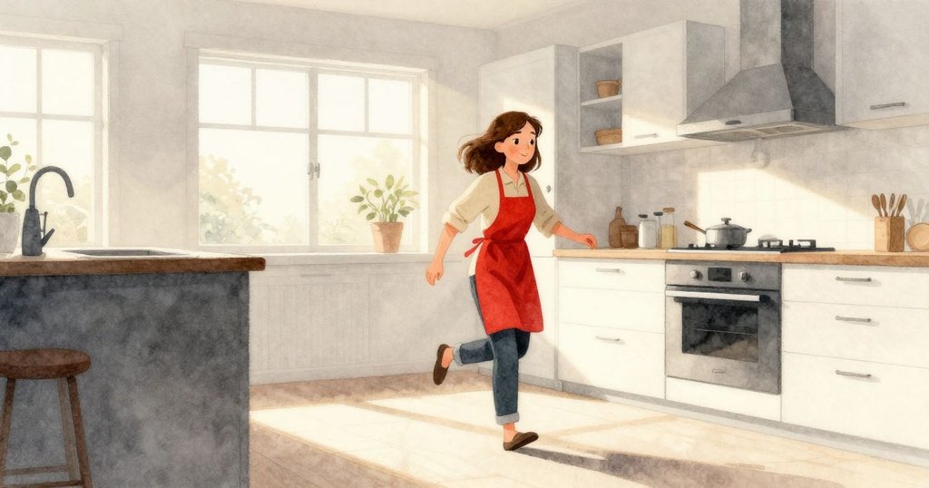 Ruby迎著晨光進入溫暖廚房，開始她的烘焙冒險，臉上帶著期待神情