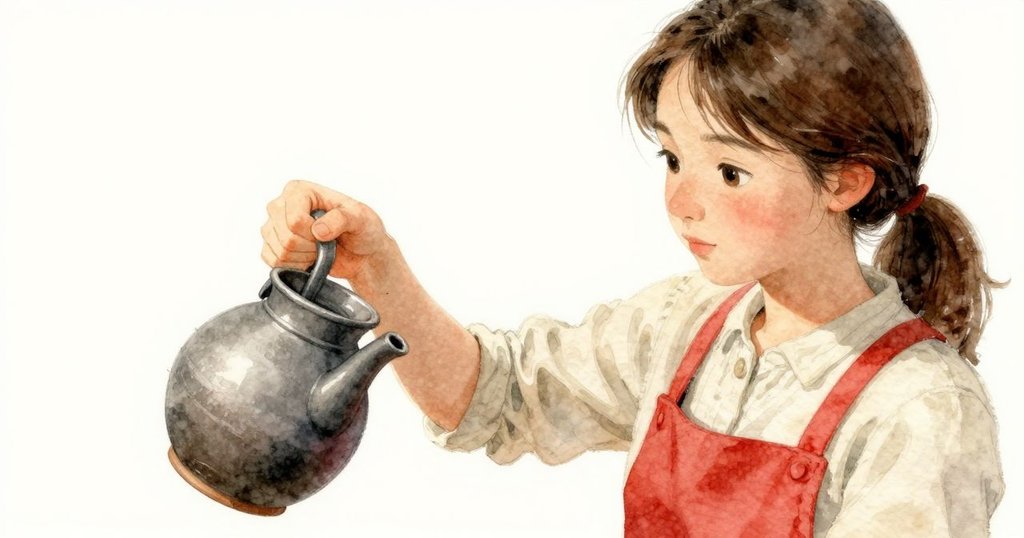 Ruby仔細拿起陶瓷壺，特寫鏡頭顯示鋼灰鍋上淺褐痕跡與手部動作