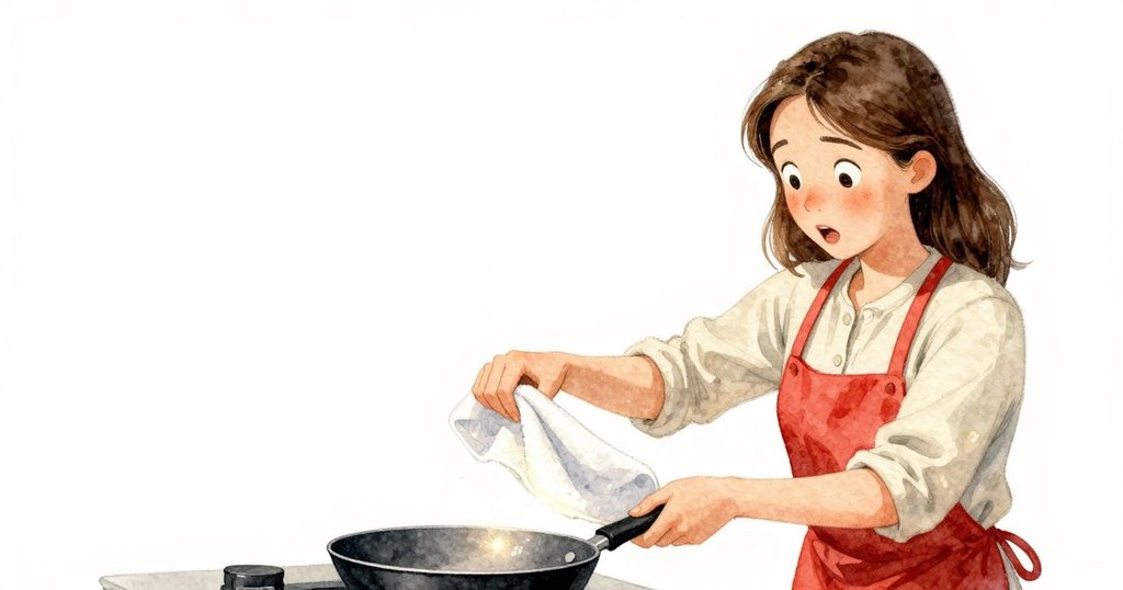 Ruby發現鍋把發光，迅速用廚房巾保護，畫面分割展示兩個動作，表情驚訝與果斷