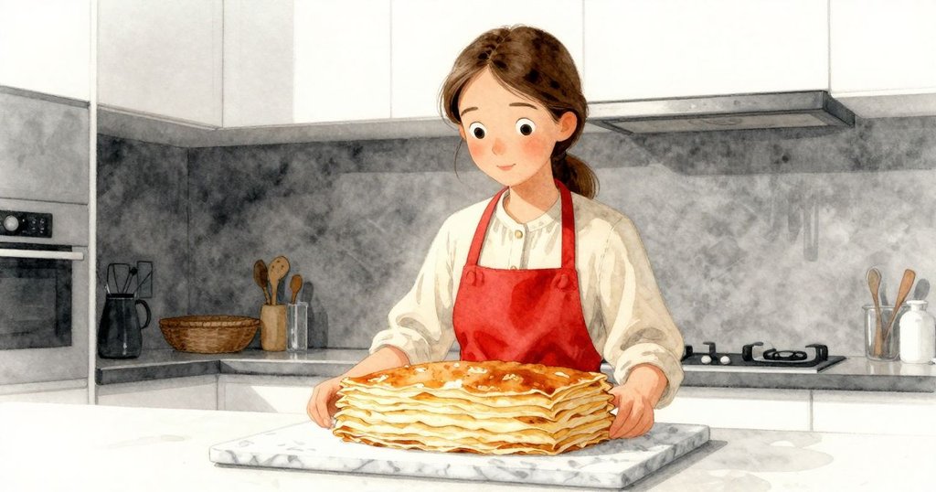 從高處俯視展示層層法式薄餅拼成的蛋糕，Ruby小心放置，配合溫暖廚房背景，層次分明