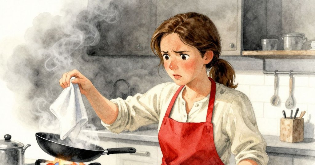 鏡頭聚焦緊張時刻，廚房巾滑落、鍋把冒煙，Ruby面露驚訝與集中，氣氛微妙而緊湊