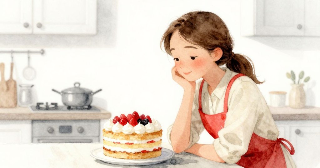 製作完成後，Ruby安心休息並欣賞層次分明的蛋糕，柔和蒸氣慢慢升起，廚房充滿寧靜溫暖