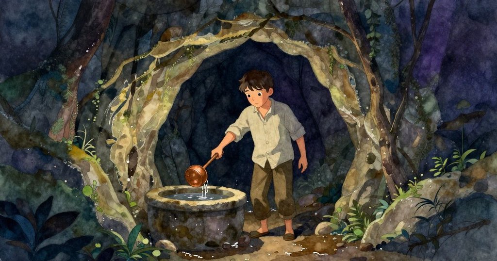 Jonas正走進溫暖石灰岩洞穴,手握青銅湯勺,晨光與蒸氣交織,神情專注迎接新一天。