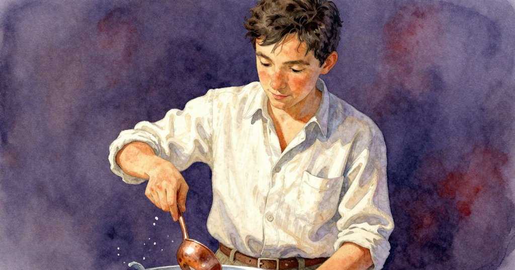 Jonas正專注將青銅湯勺輕輕插入水盆,臉上堅定與驚奇交織,清澈水流細節突出。