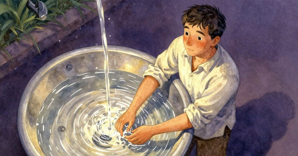 高處視角下,水盆內雙條水流在琥珀燈光中閃耀,Jonas雙臂穩健演繹水之儀式。