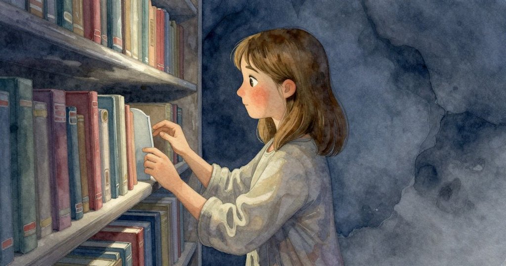 Oona在洞內架前輕數物品,雙手輕觸,背景溫暖與清涼氣氛交織,喚起回憶柔光。