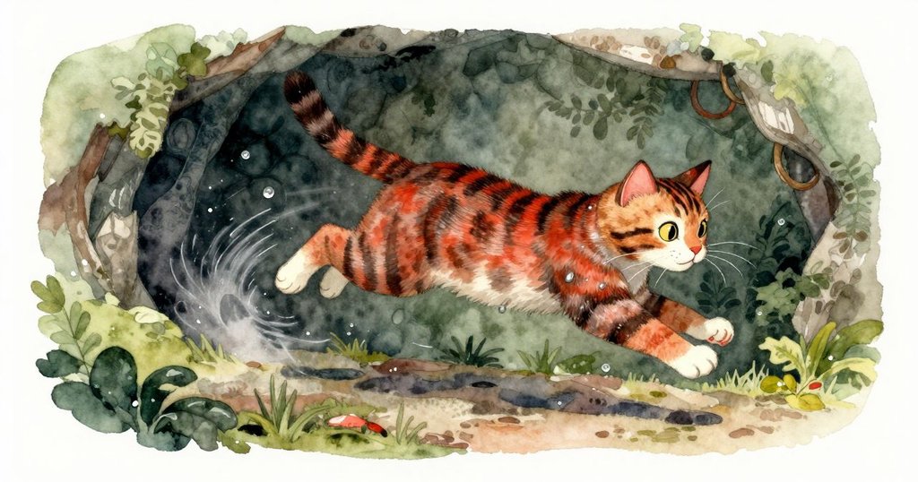 條紋貓跳躍戲弄粉筆石板,動感瞬間觸發石板傾斜,水珠四散,場景充滿活力。