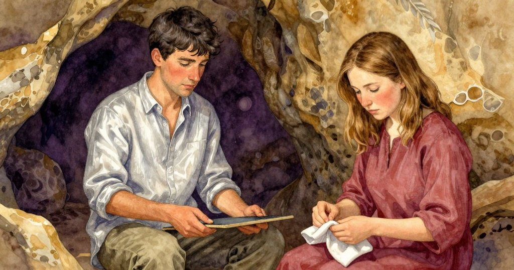 Jonas穩定傾斜石板,Oona以濕布修補模糊符號,二人攜手創造和諧,氛圍溫暖平靜。