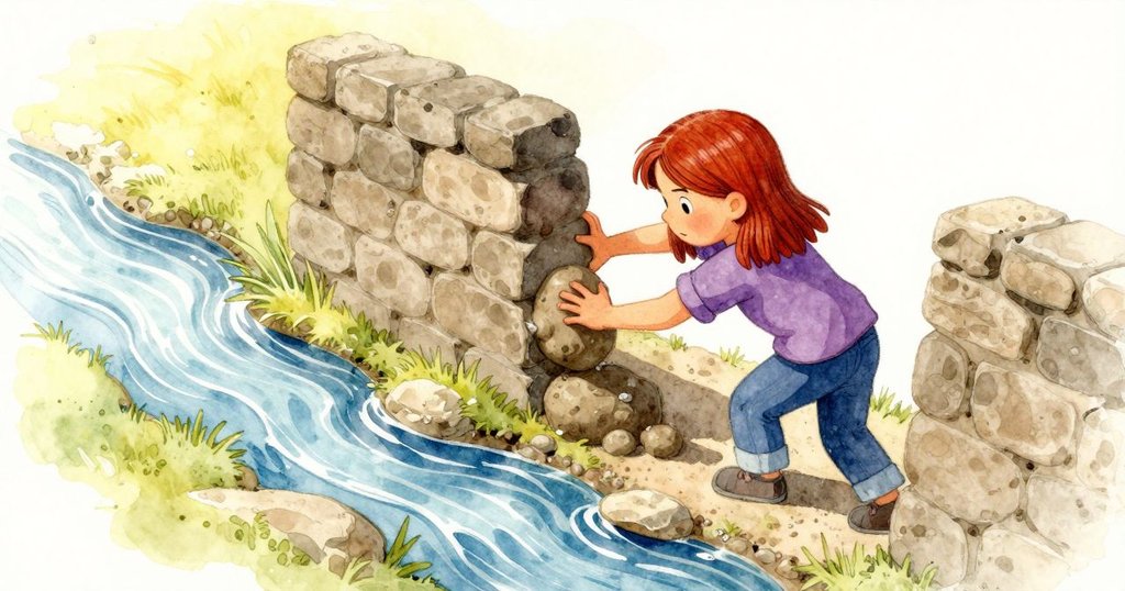 菲伊在溪邊跪下舀取濕黏土，傾斜畫面呈現動感，背景有半成形的鵝卵石牆和流水，表情專注