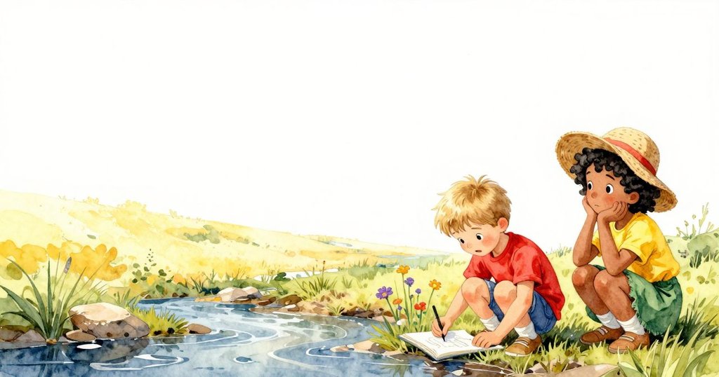 盧克蹲坐在潮濕溪岸，喬伊戴著草帽在乾地上畫野花，空間簡潔，展現專注與平靜的氛圍