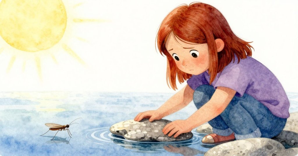 菲伊小心放置最後一塊頁岩，水面形成鏡面般反映藍天，一隻水黽輕盈滑行，表情專注且溫柔