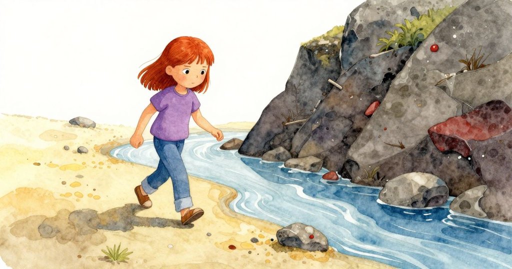 菲伊穿越水濕乾交界處，走向頁岩岩壁，挑選新石板及平滑木棍，現場環境變幻，充滿創造性