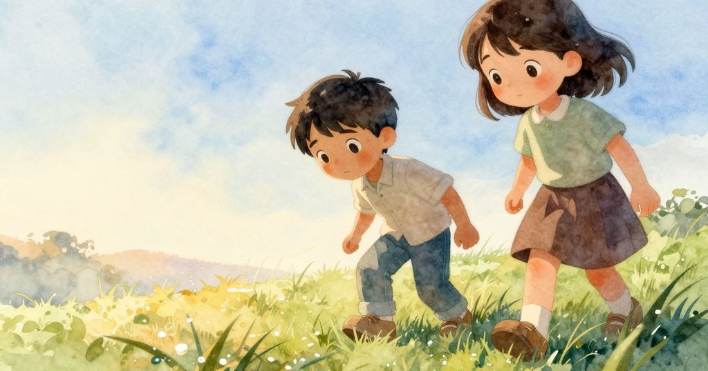 丹特與蘇姬在草地上輕步前行，露珠閃爍下留下清晰腳印，呈現探索與期待的情感