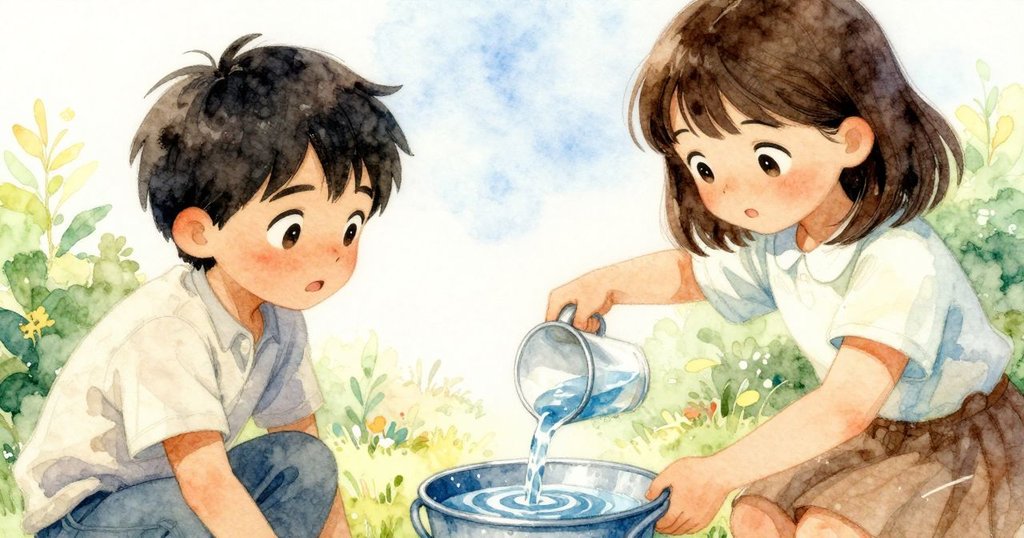 從小生物視角看見透明水杯倒水進桶，水面上產生藍灰色漣漪與氣泡，展現細膩變化的實驗瞬間