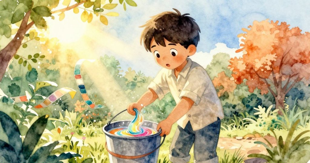 丹特靜坐於陰涼處觀察桶中液面變化，淡藍漣漪變成稜彩雜陳的薄膜，展示時間流逝與實驗奇蹟