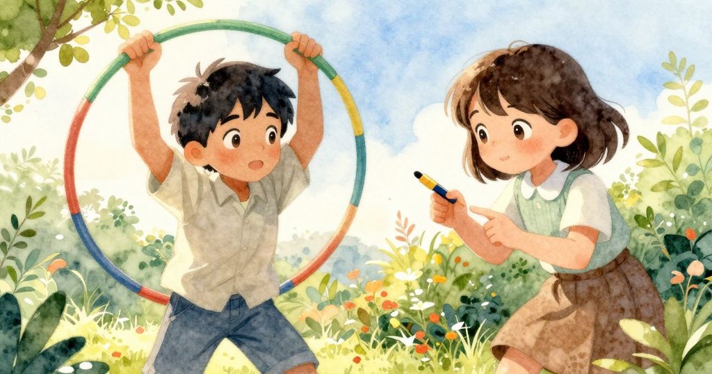 蘇姬舉起手指示意，丹特正穩定提起金屬環，陽光下薄膜閃爍，草叢輕拂背景，充滿期待與緊張感