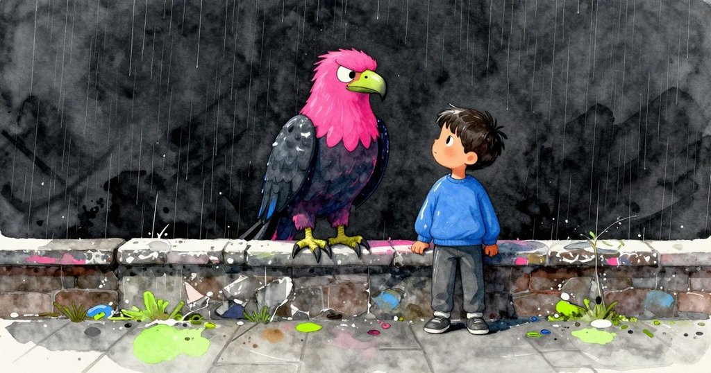 格里芬在雨中街頭輕觸粉筆台，神情沉思，背景有水灘與低沉天空，展現起始平靜氣氛