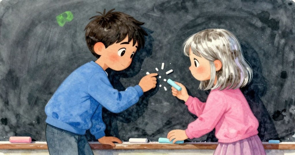 格里芬的手指仔細觸碰粉筆碎片，細看板面質感，雨滴點綴中展現專注神情