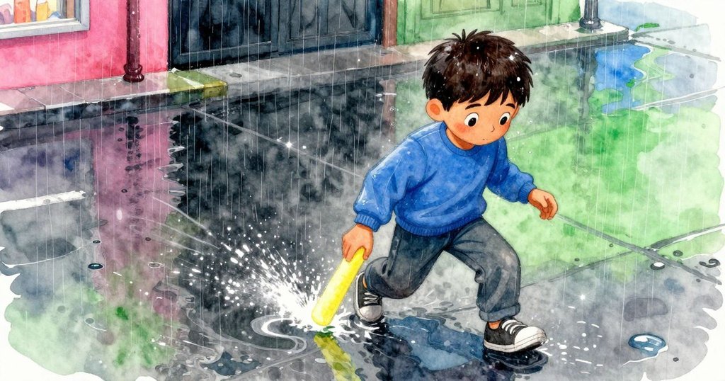 雨勢加強中，黃粉筆隨風滾入水灘，格里芬蹲下撿拾，展現季節動感與調整計劃