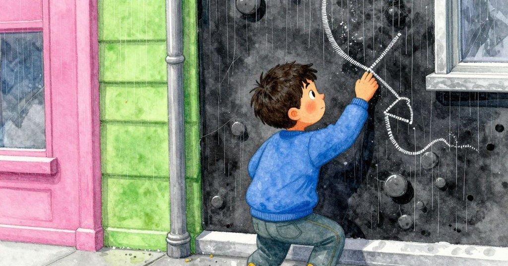 格里芬眉頭緊鎖操作粉筆圖案，神情堅毅中略顯疲憊，濕潤背景凸顯內心掙扎