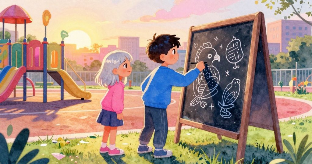 夕陽金輝下，格里芬與澤達退後欣賞完成作品，臉上洋溢笑容，畫面展現遊樂場與溫暖結局