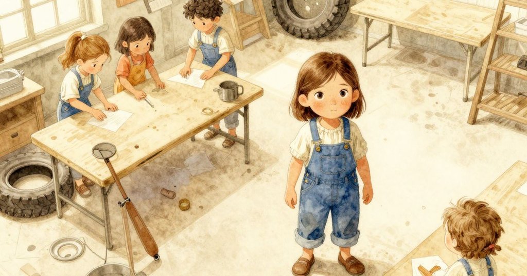 喬西在溫暖明亮的工作室中專心打磨輪胎，在桌上散落的紙屑和工具映襯下動作果斷，場景俯瞰全局。