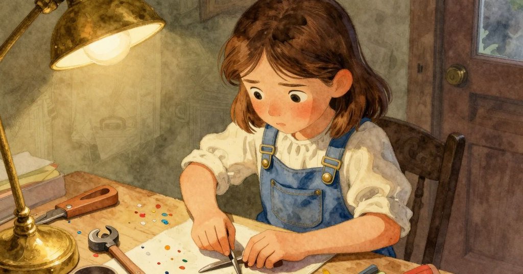 喬西從高處俯瞰工作台，認真整理工具與清理散落紙屑，背景透露出賽道起點標記，場景細膩而溫暖。