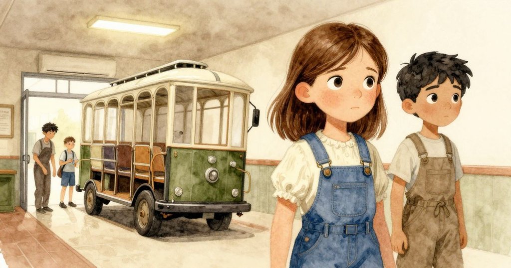 大廳入口處傾覆的推車與摺疊椅呈現超現實空間，成人主管示意協助，志工忙著整理，場景充滿動感。