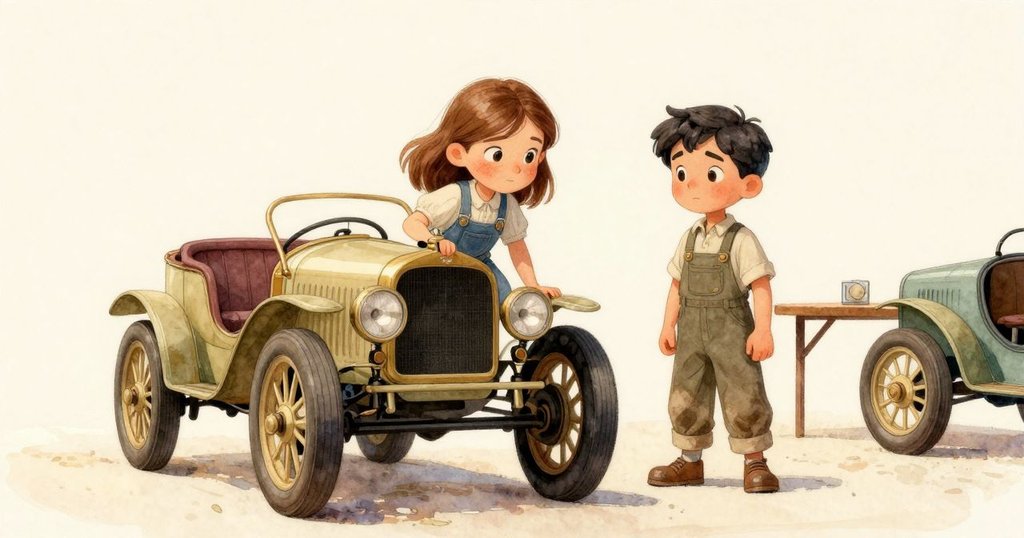 喬西平靜推動修復好的賽車朝啟動門駛去，溫暖燈光映襯下皮爾斯在旁調整藍灰賽車，場景圓滿呼應開端。