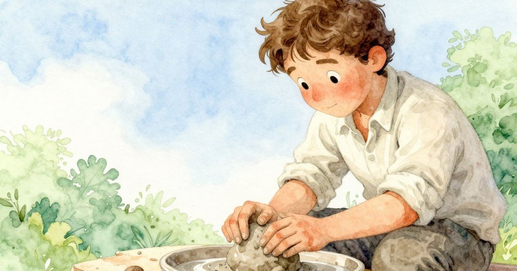 Wren 的手輕觸陶土,細膩抹平粉筆痕跡,背景留白,突顯陶土質感與工作細節。