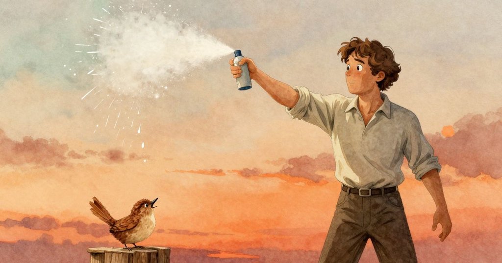 木板從工具盒滑落撞擊噴霧瓶,噴霧瞬現於旋轉陶土上,Wren 驚訝地注視著突發狀況。