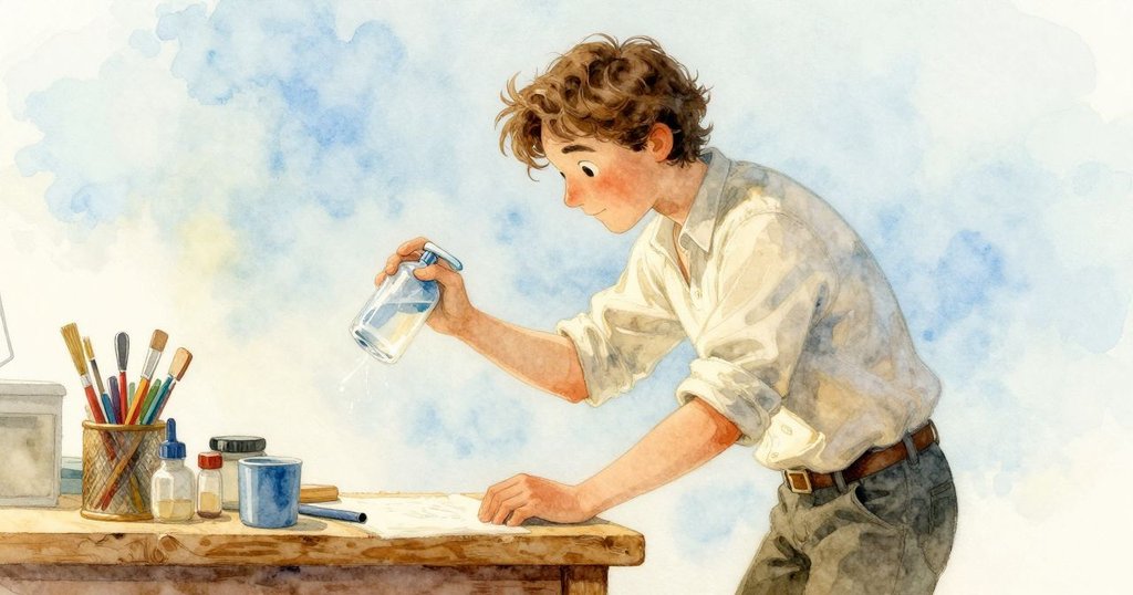 從上方角度看見Wren迅速伸手接住滾動的噴霧瓶,桌面上工具井然有序,整個場景展現敏捷反應。