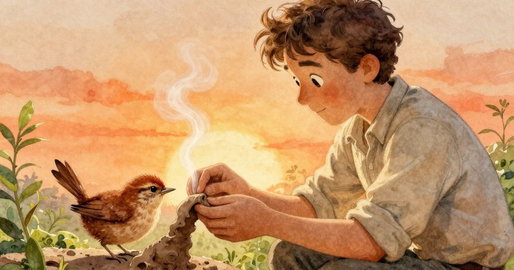 Wren凝視著陶件邊緣細膩螺旋紋理,蒸氣輕繞上升,臉上滿是發現與滿足的神情。