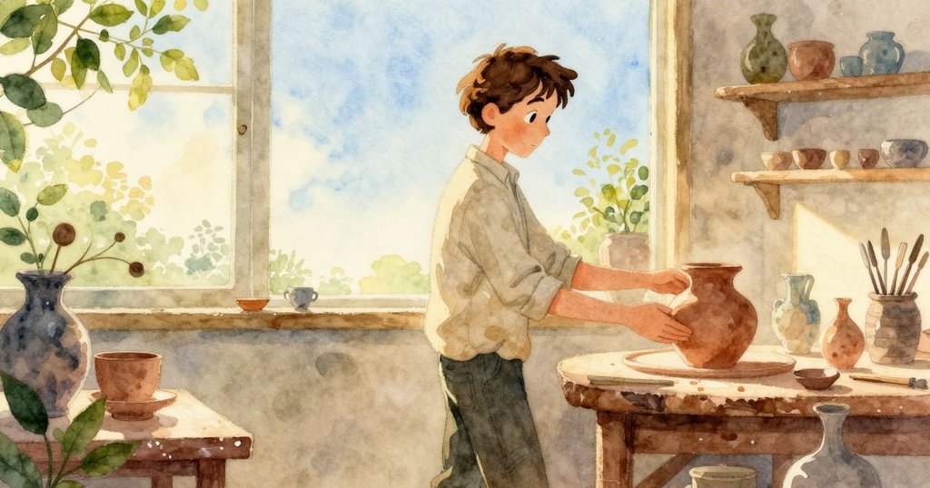 Wren滿意地望著完成的陶藝品,工作室內柔和燈光映照,呈現溫馨寧靜的創作成果。