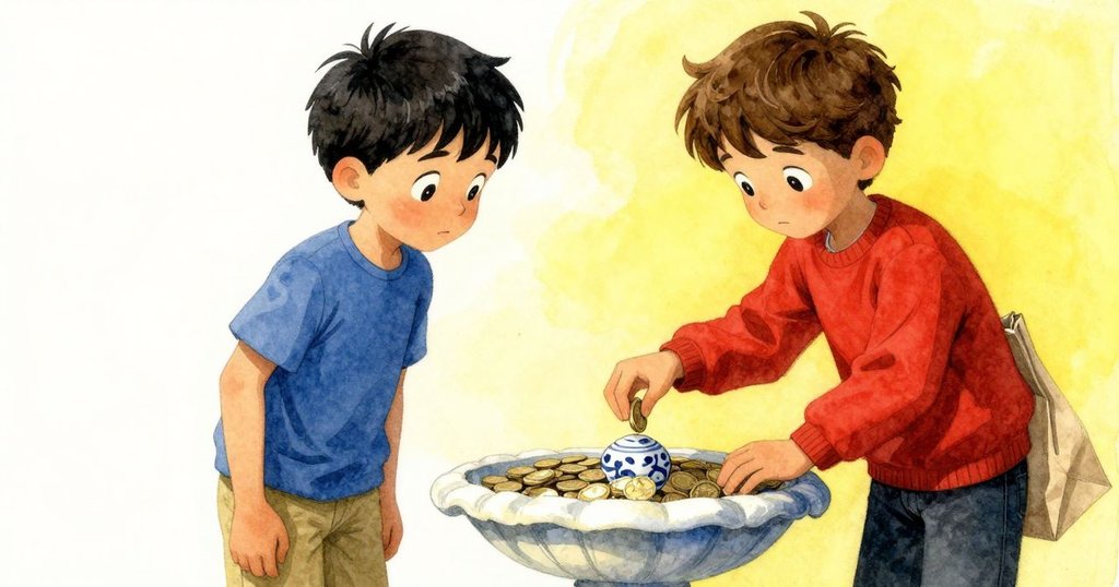 從視角鏡頭看向噴泉底部，閃亮的硬幣與瓷器小物在陽光下若隱若現，充滿驚喜發現感