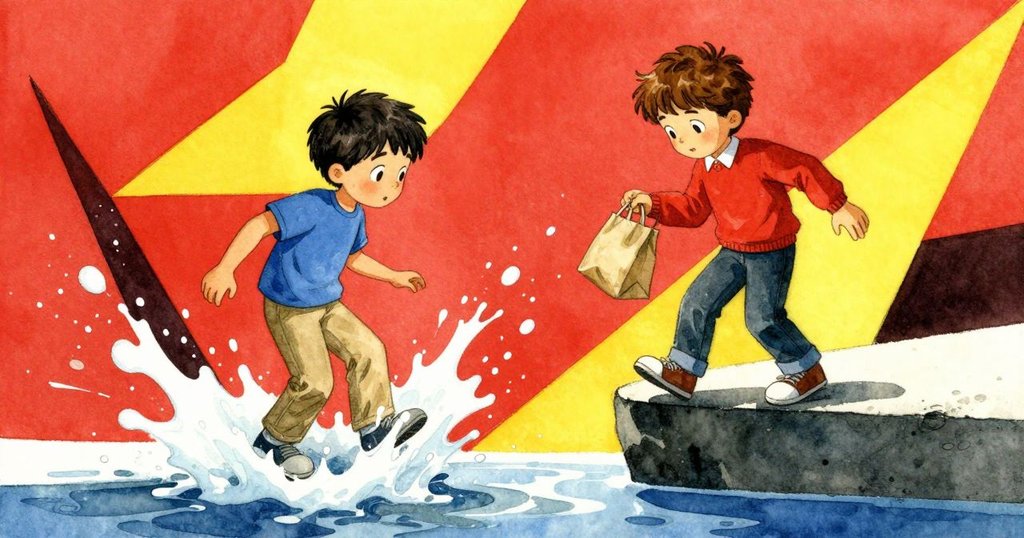 在濕潤水花中，Miles與Troy小心行走於狹窄石邊，水流創造出迷幻幾何圖案，充滿緊張與藝術感