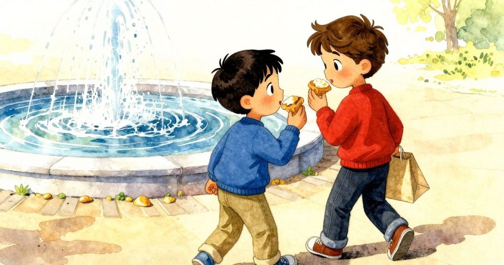 在溫暖陽光中，Miles與Troy在噴泉邊分享糕點後整理創作工具，滿懷微笑邁向未來冒險，空氣中彌漫著肉桂香