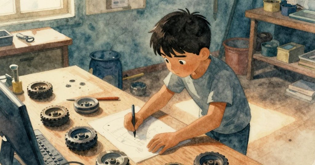 馬可在工作室內檢查桌上散落的輪子與灰塵，表情專注期待，場景充滿忙碌細膩感